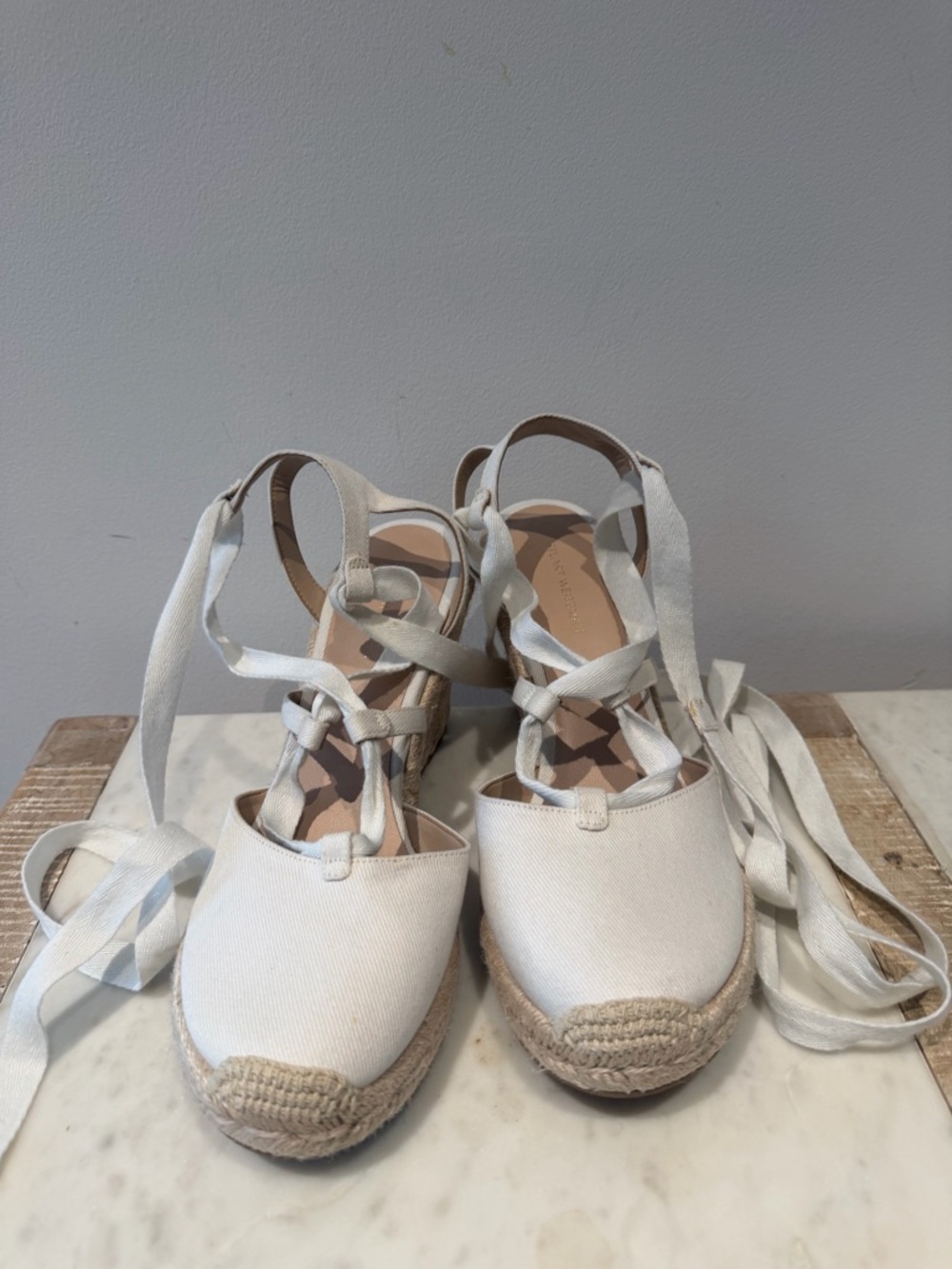New Stuart Weitzman White Canvas Lace-Up Espadrille Wedges